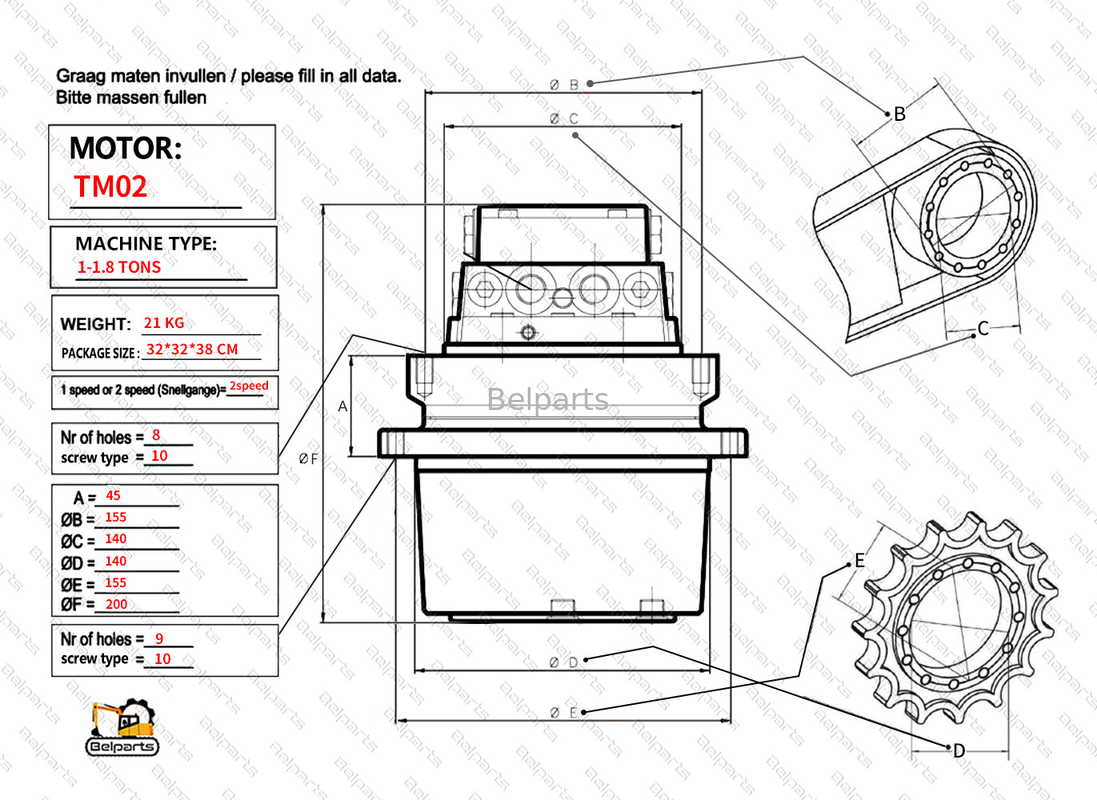 बेल पार्ट्स Yanmar B17.2 B19 B18EX VIO25 VIO30 VIO20.2 B15 YB121.2B एक्सकेवेटर अंतिम ड्राइव के लिए हाइड्रोलिक मोटर TM01